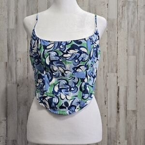 Midnight Sky Blue Green Linen Blend Bustier Smocked Crop Top Size Medium